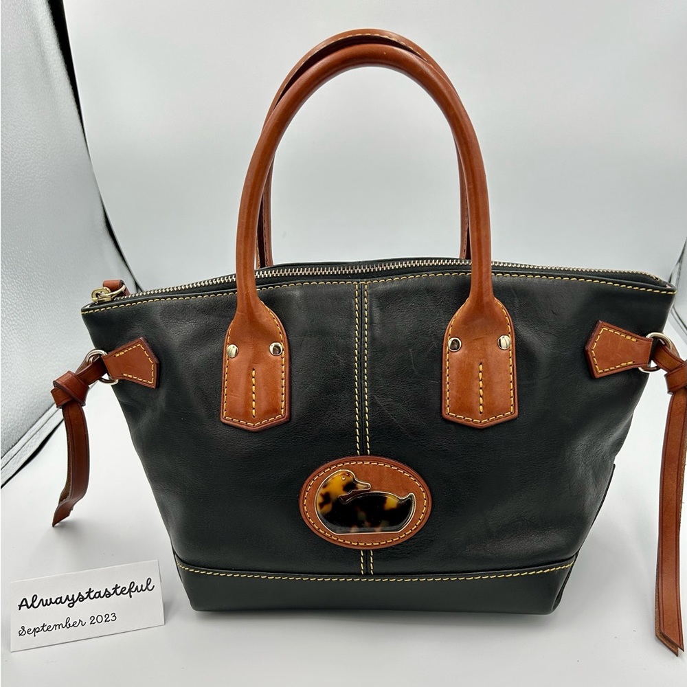 Dooney & Bourke Black Champosa Satchel with Tortoise Shell Duck-EUC